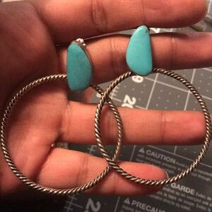 Amazing Runningbear Native American sterling turquoise hoop earrings
